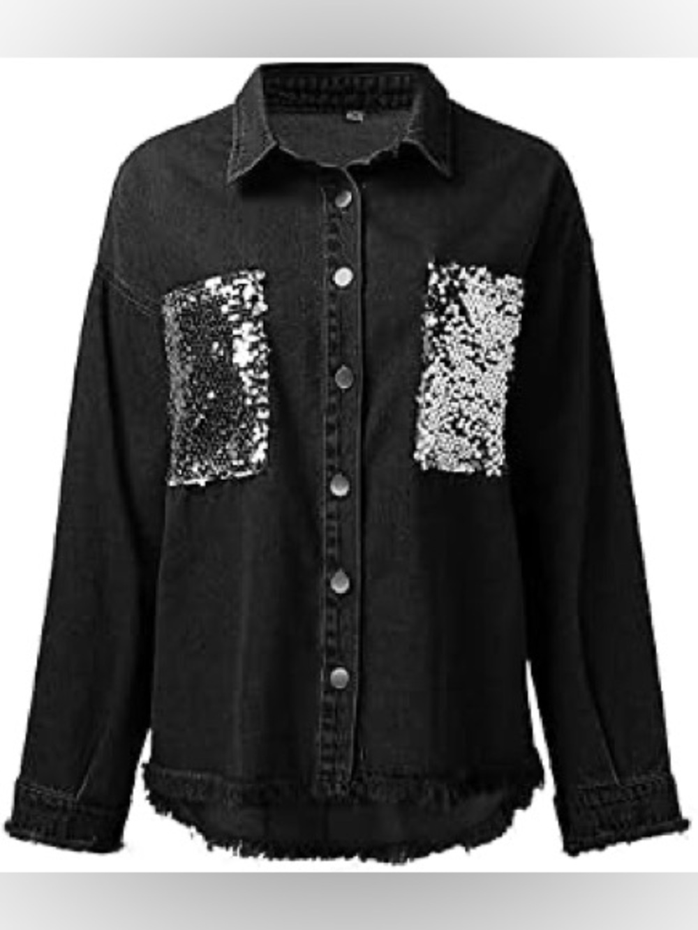 POL Sequins Distressed Hem 100% Cotton Button Down Shacket